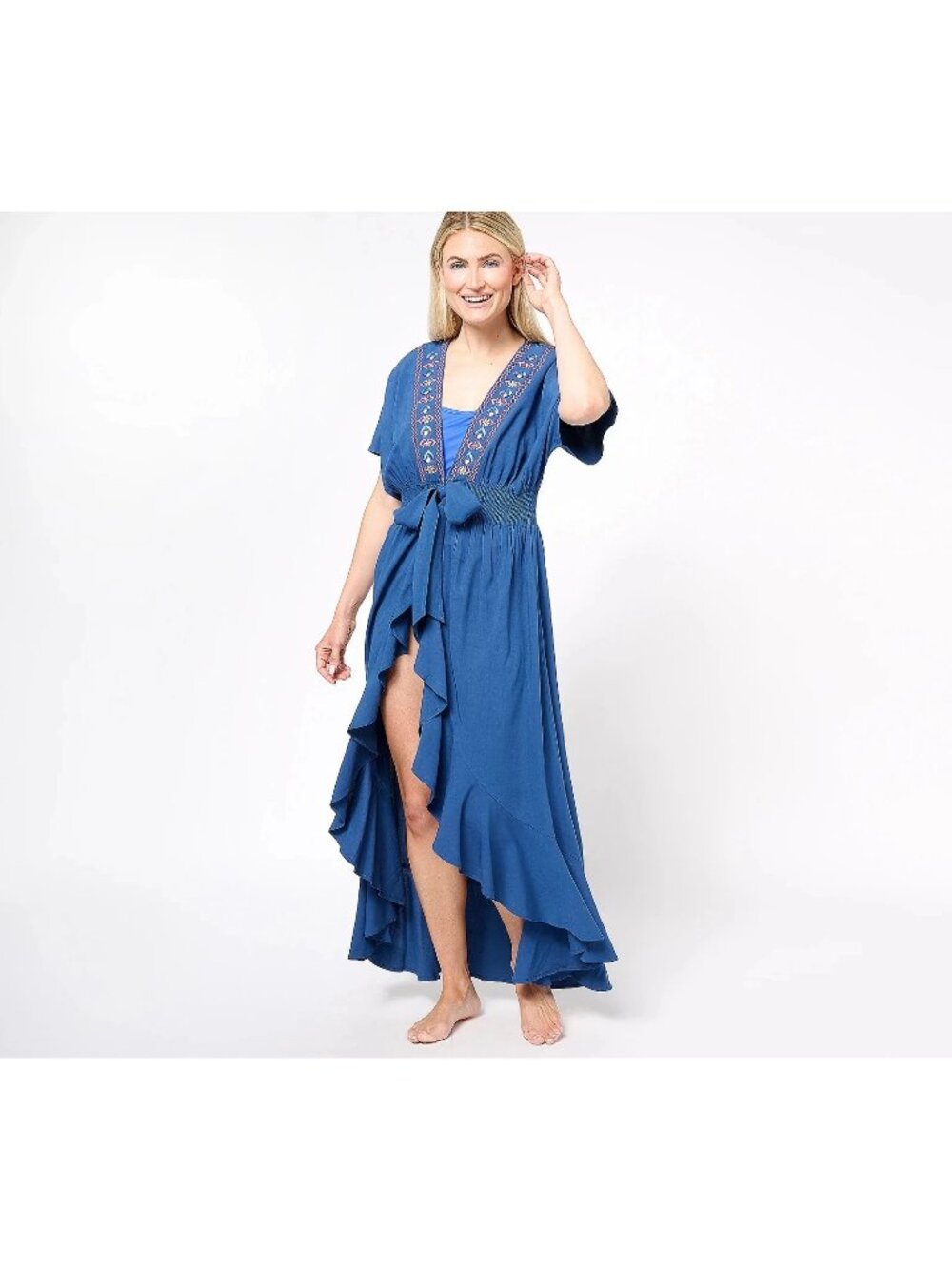 America & Beyond Caftan Size 1X Embroidered Tie Waist Navy Multi Bohemian Resort